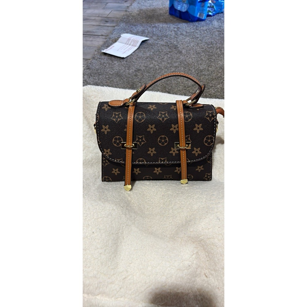 Brown Monogram Satchel Top Handle Bag Snap Closure Detachable Strap Gold